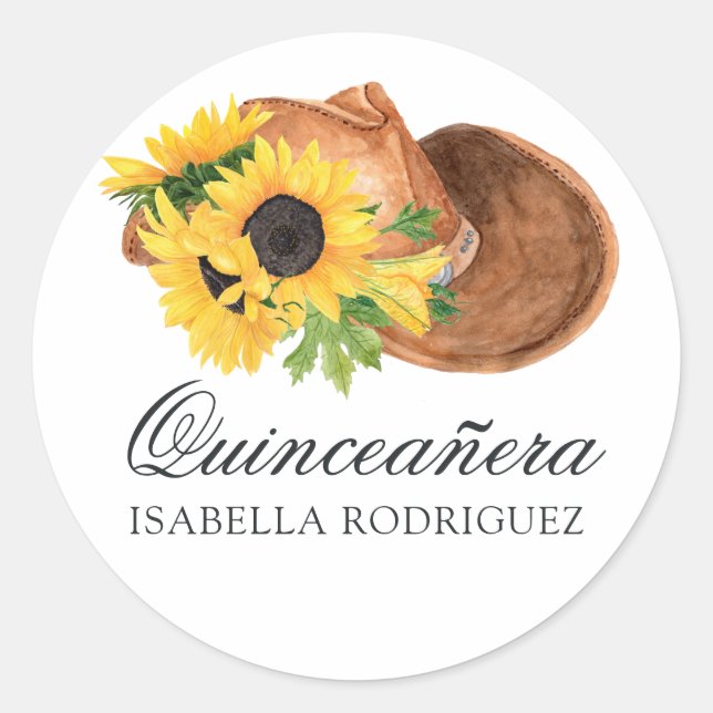 Pegatina Redonda Watercolor Sunflower Rustic Western Quinceañera (Anverso)