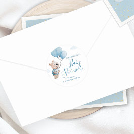 Pegatina Redonda Watercolor Teddy Bear Baby Shower Gracias