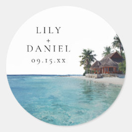 Pegatina Redonda Watercolor Tropical Beach Destination Wedding