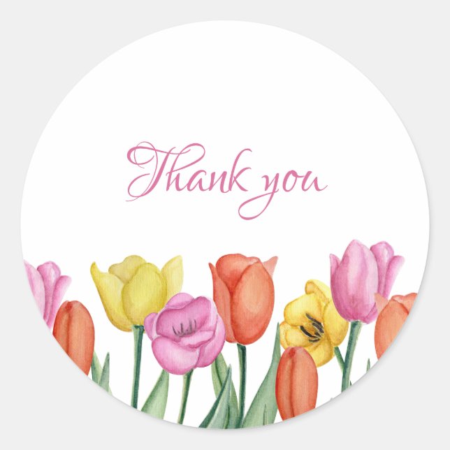 Pegatina Redonda Watercolor Tulip Thank  (Anverso)