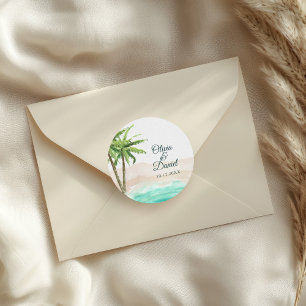 Pegatina Redonda Watercolor Turquoise Sandy Beach Wedding