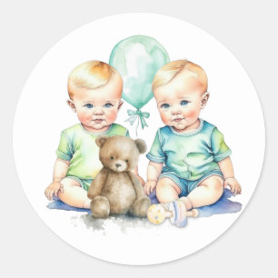 Pegatina Redonda Watercolor Twin Boys Baby Shower
