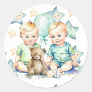 Pegatina Redonda Watercolor Twin Boys Baby Shower