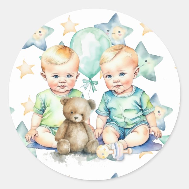 Pegatina Redonda Watercolor Twin Boys Baby Shower (Anverso)