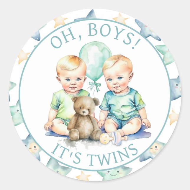Pegatina Redonda Watercolor Twin Boys Baby Shower | Oh, chicos! (Anverso)