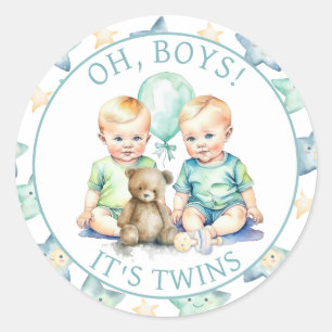 Pegatina Redonda Watercolor Twin Boys Baby Shower   Oh, chicos!