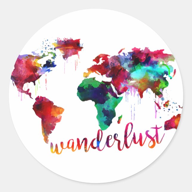 Pegatina Redonda Watercolor Wanderlust World Map (Anverso)