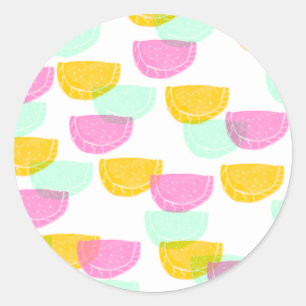 Pegatina Redonda Watercolor Watermelon Pink Green Yellow Pattern