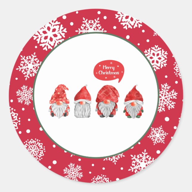 Pegatina Redonda Watercolor Whimsy: Gnome Santas Feliz Navidad (Anverso)