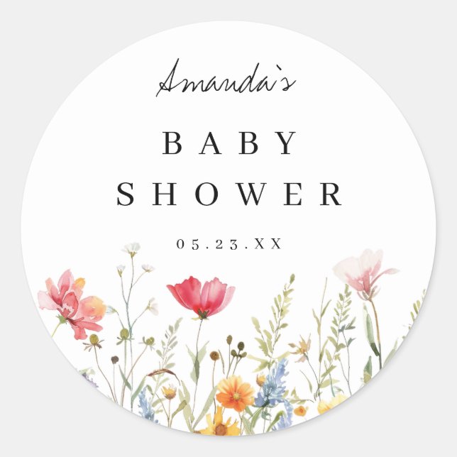 Pegatina Redonda Watercolor Wildflower Baby Shower (Anverso)