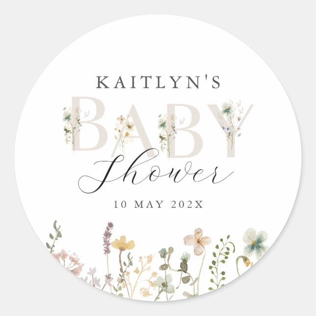 Pegatina Redonda Watercolor Wildflower Baby Shower (Anverso)