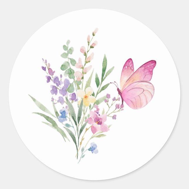 Pegatina Redonda Watercolor Wildflower Bouquet with Pink Butterfly (Anverso)