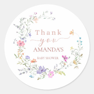 Pegatina Redonda Watercolor Wildflower Wreath Baby Shower Sticker