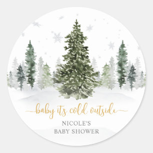 Pegatina Redonda Watercolor Winter Forest Gold Baby Shower