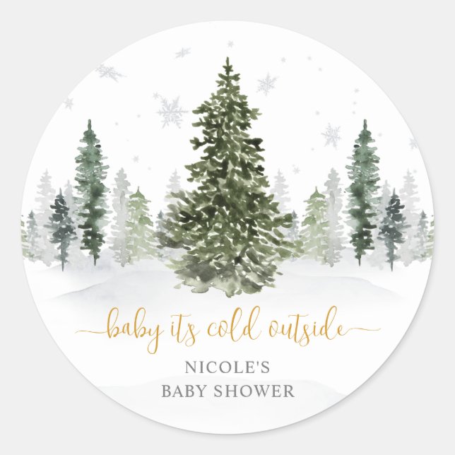 Pegatina Redonda Watercolor Winter Forest Gold Baby Shower (Anverso)
