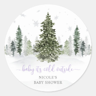 Pegatina Redonda Watercolor Winter Forest Purple Baby Shower