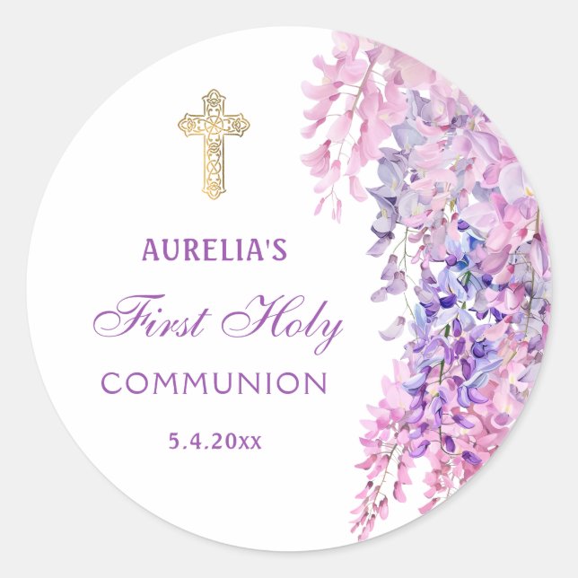 Pegatina Redonda Watercolor Wisteria First Communion Round Sticker (Anverso)