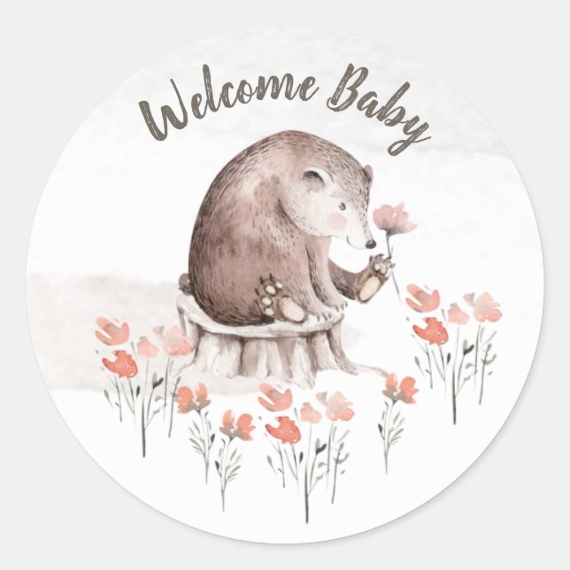 Pegatina Redonda Watercolor Woodland Forest Baby Shower (Anverso)