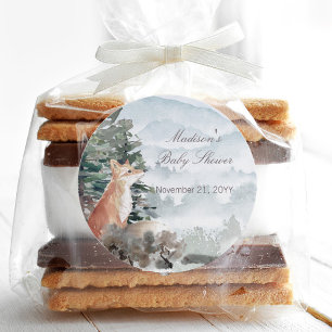 Pegatina Redonda Watercolor Woodland Forest Fox Baby Shower