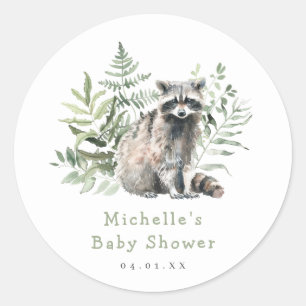 Pegatina Redonda Watercolor Woodland Raccoon Baby Shower