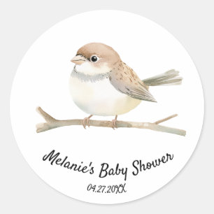 Pegatina Redonda Watercolor Wren en una sucursal de Baby Shower