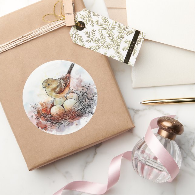 Pegatina Redonda Watercolor Wren Nest (Regalar)