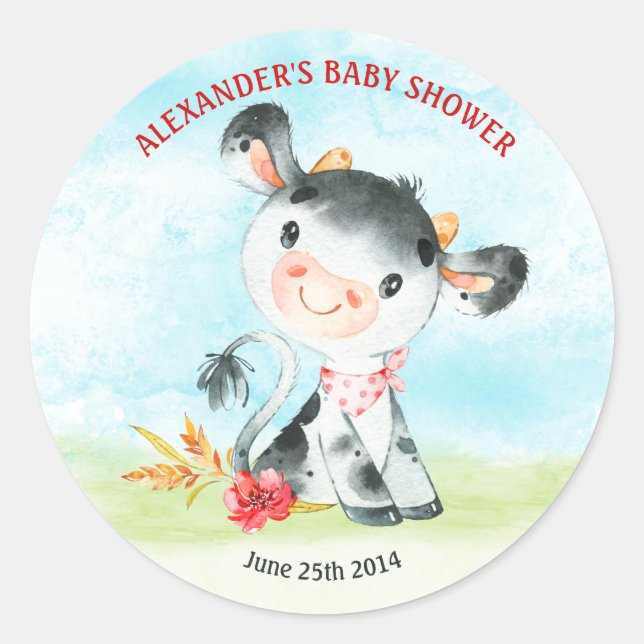 Pegatina Redonda WatercolorCow Baby Shower Farm (Anverso)