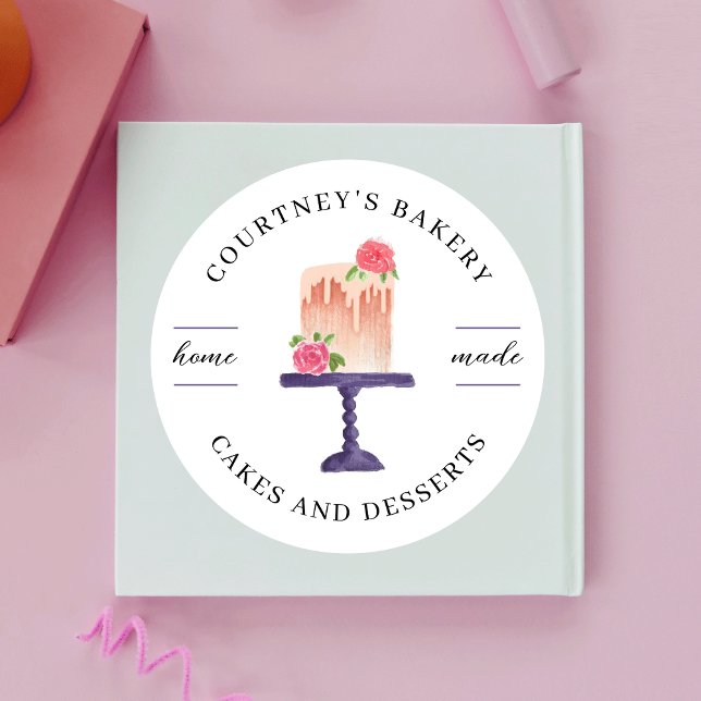 Pegatina Redonda Watercolour Cake Boutique Home Bakery Catery (Watercolor cake boutique packaging label with elegant hand painted bakery art)