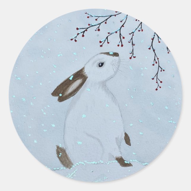 Pegatina Redonda Watercolour Winter Bunny Rabbit (Anverso)