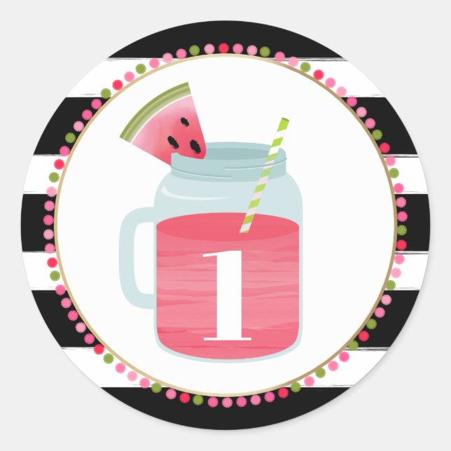 Pegatina Redonda Watermelon Mason Jar Drink Black + White Birday (Anverso)