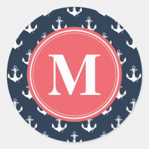 Pegatina Redonda Watermelon Monogrammed Navy Blue Anchor Pattern