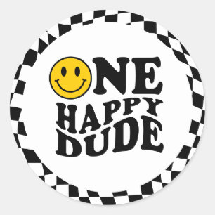 Pegatina Redonda Wavy Checkered Preppy Smile One Happy Dude