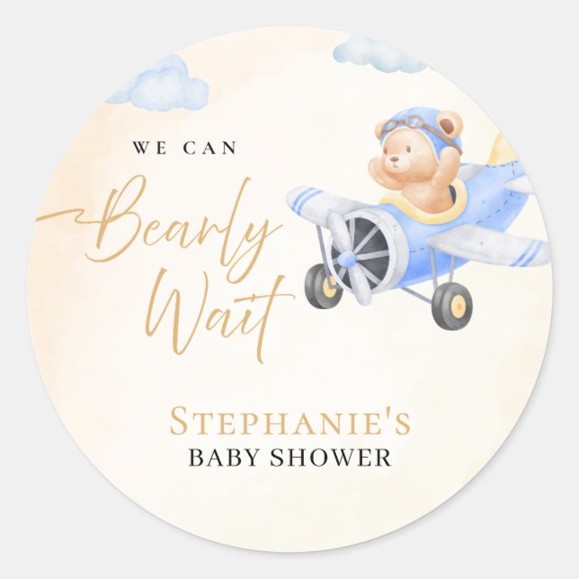 Pegatina Redonda We Can Bearly Wait, Bear in Plane Baby Shower  (Anverso)
