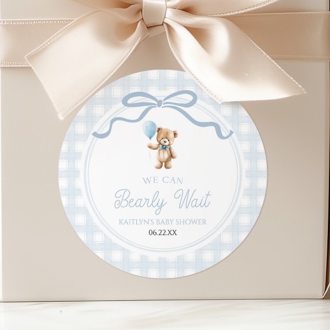 Pegatina Redonda We Can Bearly Wait Blue Teddy Bear Baby Shower (Subido por el creador)