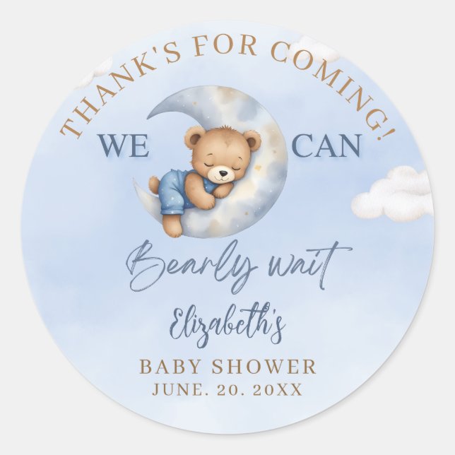 Pegatina Redonda We can Bearly wait - Cute Bear Baby shower boy (Anverso)