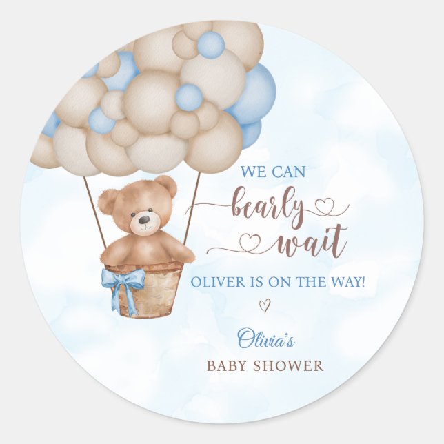 Pegatina Redonda We Can Bearly Wait Hot Air Balloon Baby Shower (Anverso)
