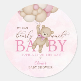 Pegatina Redonda We Can Bearly Wait Pink Baby Shower