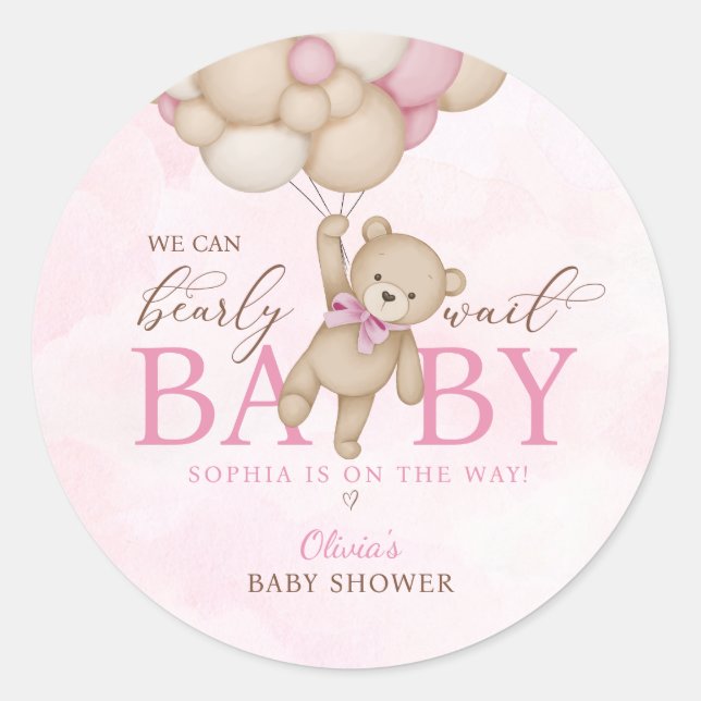 Pegatina Redonda We Can Bearly Wait Pink Baby Shower (Anverso)