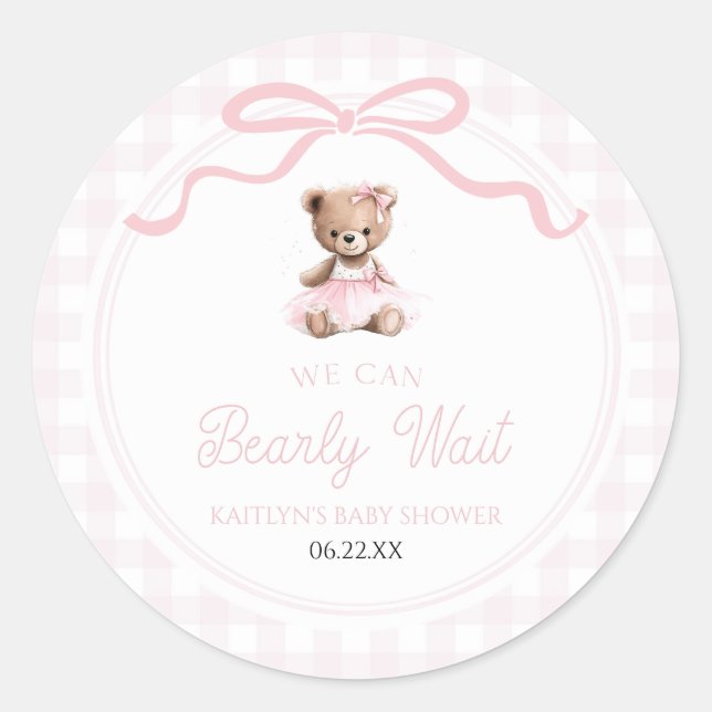 Pegatina Redonda We Can Bearly Wait Pink Teddy Bear Baby Shower (Anverso)