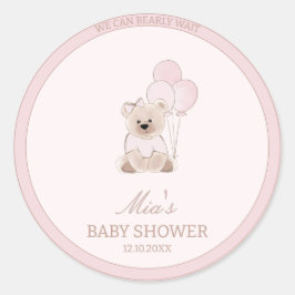 Pegatina Redonda We Can Bearly Wait Teddy Bear Pink Baby Shower