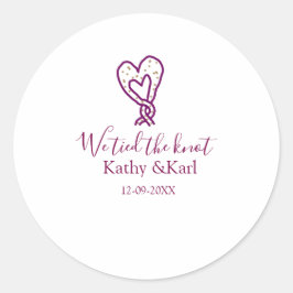 Pegatina Redonda We tied the knot pink heart knots name date romant