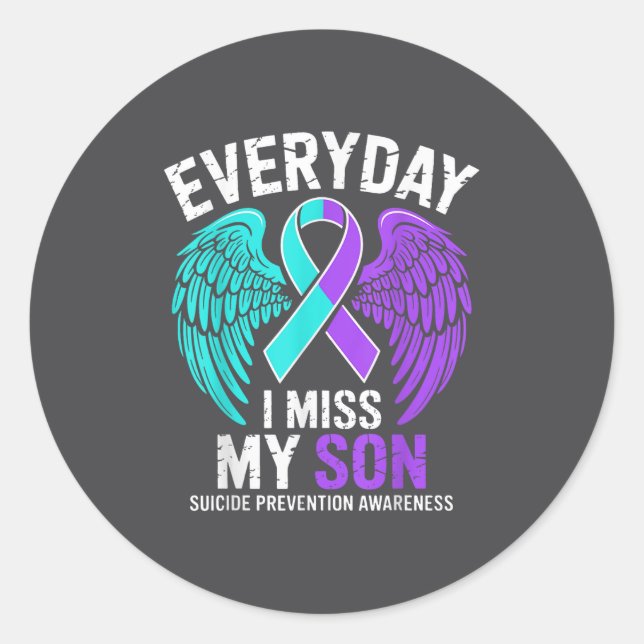 Pegatina Redonda Wear Teal &amp; Purple I Miss My Son Suicide Preve (Anverso)