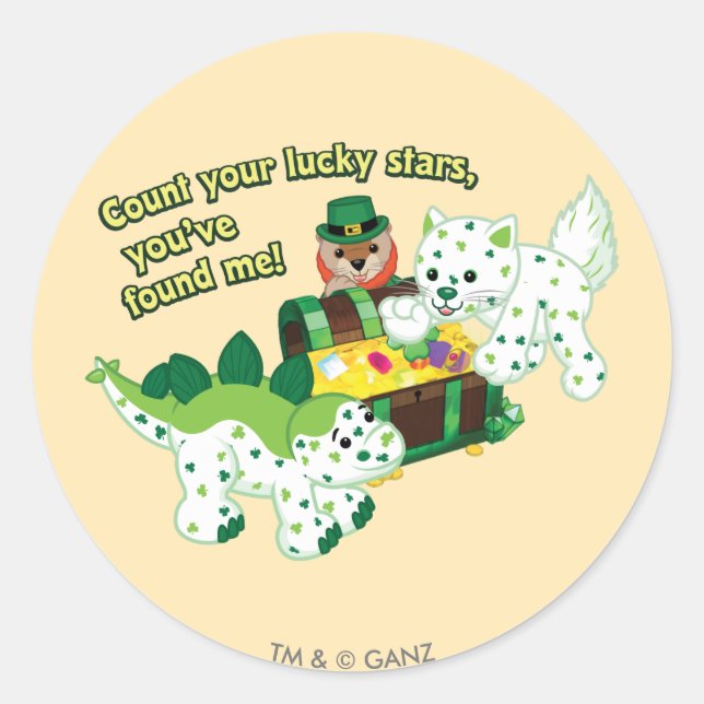 Pegatina Redonda Webkinz Leprechaun Clover Cat Lucky Dino (Anverso)