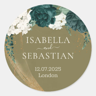 Pegatina Redonda Wedding Emerald Green yellow Rose