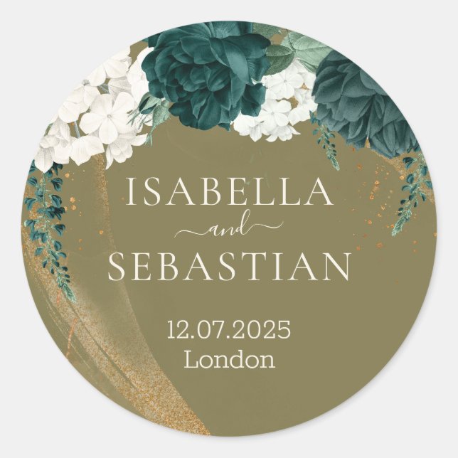 Pegatina Redonda Wedding Emerald Green yellow Rose (Anverso)
