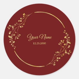 Pegatina Redonda Wedding Golden Floral Geometric Wreath Red Party 