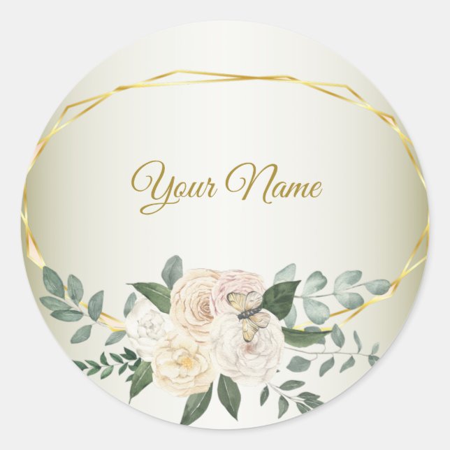 Pegatina Redonda Wedding Greenery Leaves Pink Floral Gold Geometric (Anverso)