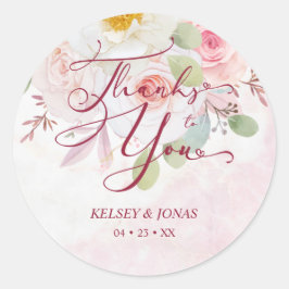 Pegatina Redonda Wedding Pink Floral Thanks to You Whimsical Quote