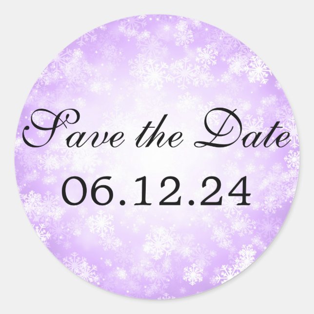 Pegatina Redonda Wedding Save The Date Purple Winter Wonderland (Anverso)