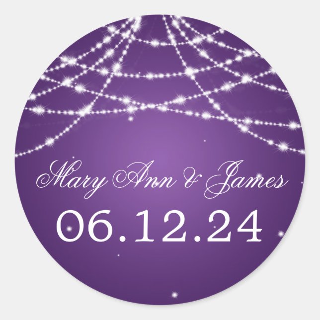 Pegatina Redonda Wedding Save The Date Sparkling String Purple (Anverso)